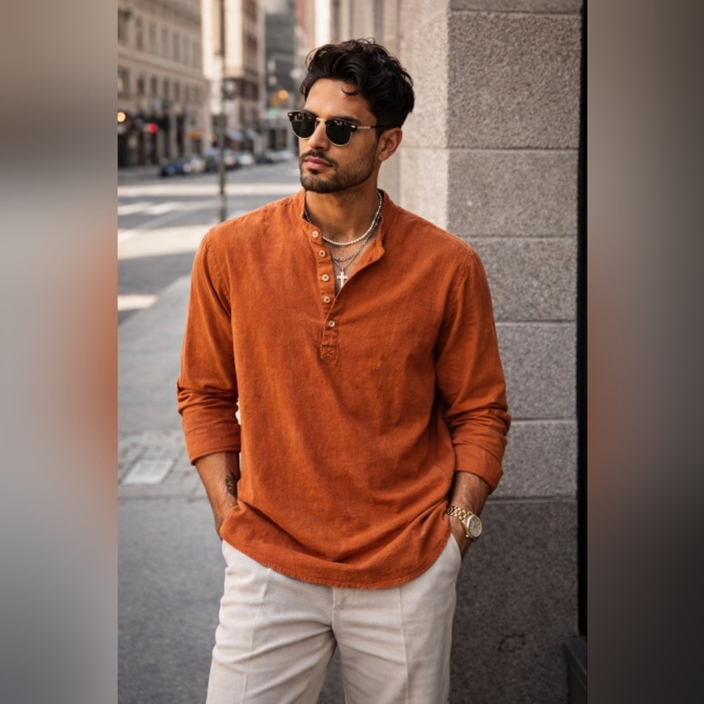 Zara Relaxed Fit Men’s Rust Orange Henley Shirt Long Sleeve Casual Lightweight